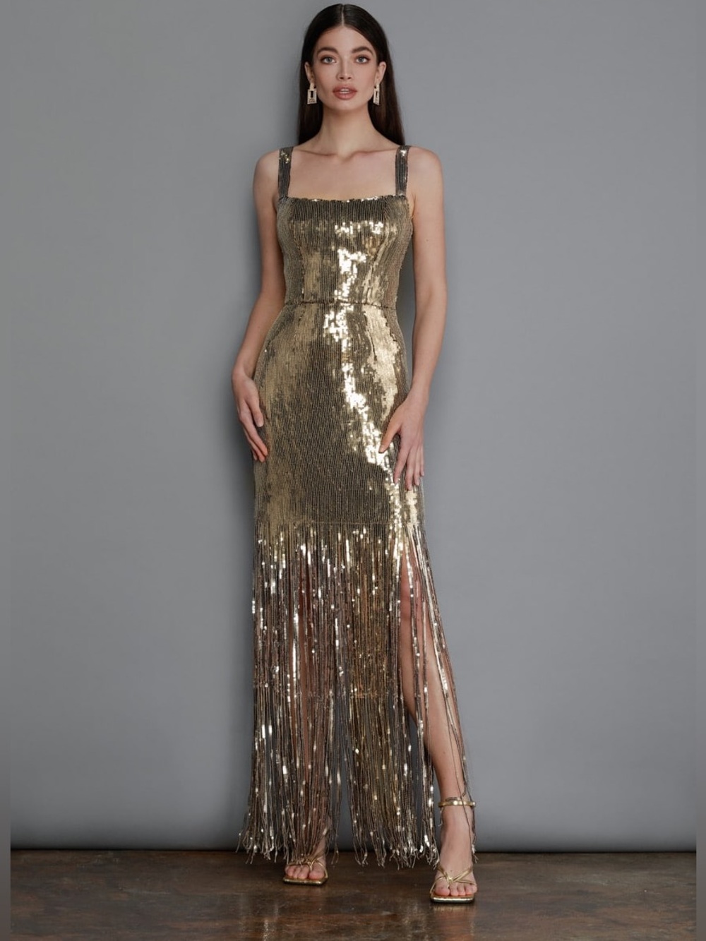 Bronx & Banco Cherie sequin fringe hem maxi gown in GOLD 💛